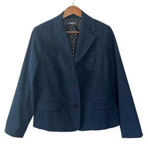 Liz Claiborne Navy Blazer with Embroidered Crest Pocket Polka Dot Lining Size 12